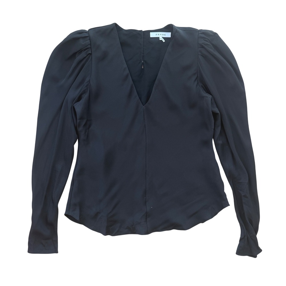 FRAME Shirred V Neck Long Sleeve Silk Top Blouse Size S Black puff sleeve